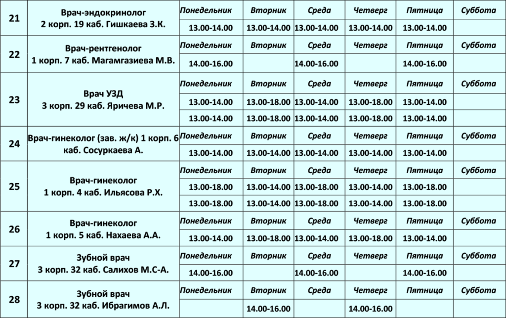 График работы врачей на платной основе
